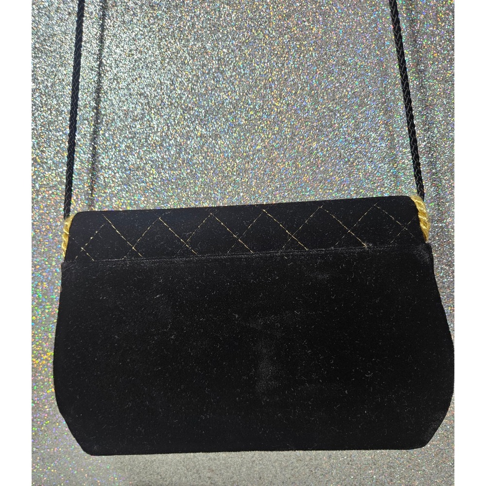 COURTENAY Vintage Black Velvet Quilted Stitched Gold Trim Evening Crossbody Bag - Picture 2 of 5